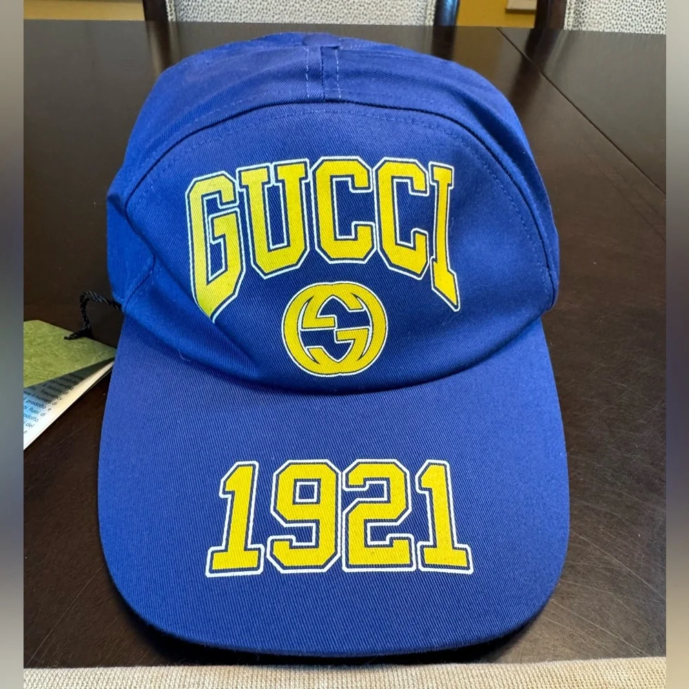 New Gucci GG Logo Blue Yellow Baseball Hat Size L